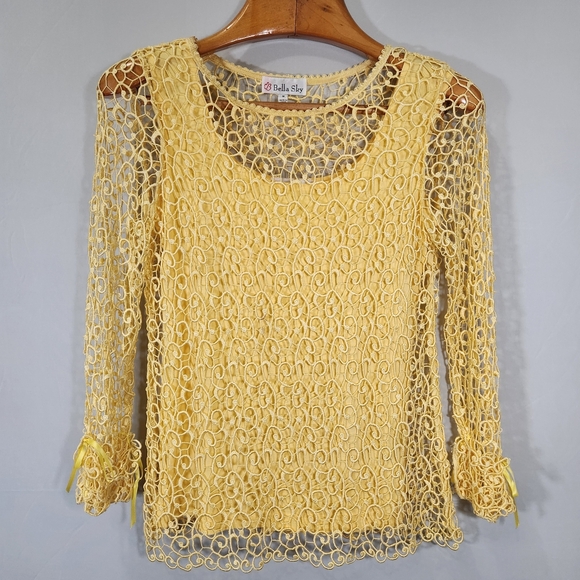 Yellow Swirl Crochet Lagenlook Cottage Long Sleeve Top - Picture 1 of 11